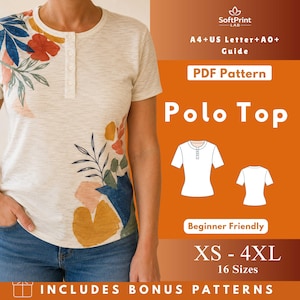May include: A beige polo top with a floral design in red, blue, and yellow. The shirt has a button-up neckline and short sleeves. The image also includes text that says "Polo Top", "Beginner Friendly", and "XS - 4XL".