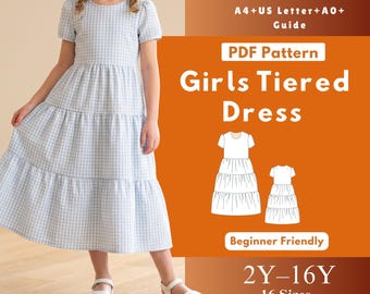 Patrón de costura en PDF para vestido de niña con volantes, patrón de vestido infantil con mangas abullonadas, vestido de verano tejido fruncido, vestido de boutique hasta el tobillo