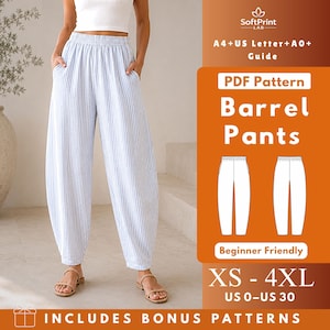 Könnte beinhalten: Ein digitales PDF-Schnittmuster für eine Barrel-Hose mit weiß-hellblauem vertikalem Streifenmuster. Die Grafik enthält den Text SoftPrint LAB, A4+US Letter+A0+ Guide, PDF Pattern, Barrel Pants, Beginner Friendly, XS-4XL, US 0-US 30.