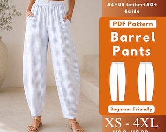 Barrel Pants PDF Sewing Pattern, Knit Pull-On Tapered Pants with Elastic Waist & In-Seam Pockets XS-4XL