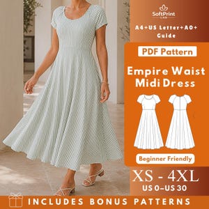 May include: A PDF sewing pattern for an empire waist midi dress with short sleeves and a vertical striped pattern. The digital file includes A4, US Letter, and A0 formats, covering sizes XS to 4XL, which corresponds to US sizes 0 to 30.