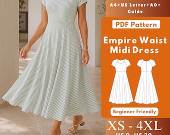 Empire Waist Midi Dress PDF Sewing Pattern, Raglan Sleeve Knit Dress with Scoop Neck, Full Flared Skirt, Back Zipper, Women XS–4XL
