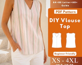 Sleeveless V Neck Top PDF Sewing Pattern, Woven Soft V Neck Blouse with Facings, Women XS-4XL