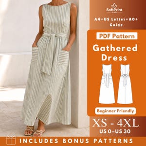 May include: A sleeveless maxi dress with a light green and white vertical stripe pattern, featuring a tie-waist belt and two front patch pockets. The image includes text: SoftPrint LAB, A4+US Letter+A0+ Guide, PDF Pattern, Gathered Dress, Beginner Friendly, XS-4XL, US 0-US 30.