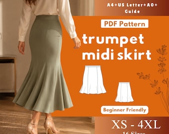 Patrón de costura en PDF para falda midi estilo trompeta, bajo acampanado, cintura alta (XS-4XL)