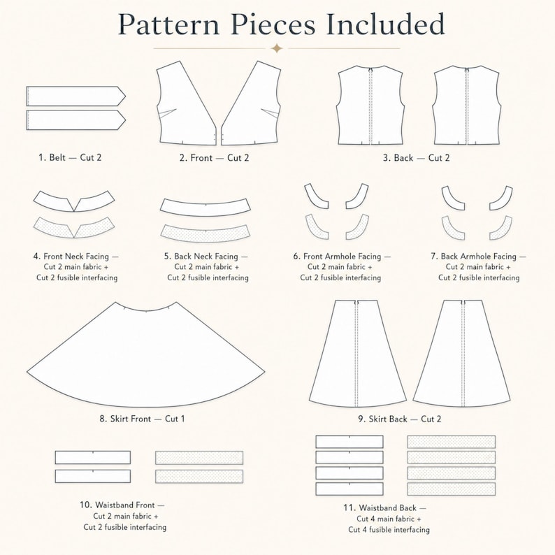 K&ouml;nnte beinhalten: Ein technisches Diagramm mit dem Titel Pattern Pieces Included, das elf nummerierte Schnittmusterteile in schwarzen Umrissen auf hellem Hintergrund zeigt. Es enth&auml;lt G&uuml;rtel, Vorder- und R&uuml;ckenteile, Belege, Rockbahnen und Taillenbundteile mit entsprechenden Zuschnittanweisungen.