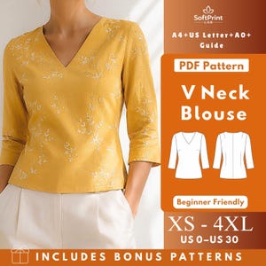May include: A mustard yellow V-neck blouse with white floral embroidery and three-quarter sleeves. The image includes text: SoftPrint LAB, A4+US Letter+A0+ Guide, PDF Pattern, V Neck Blouse, Beginner Friendly, XS - 4XL, US 0-US 30, INCLUDES BONUS PATTERNS.