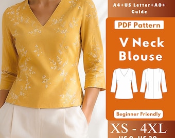 Women’s V Neck Blouse PDF Sewing Pattern, 3/4 Sleeve Woven Top, Fitted Darted Shirt Digital Pattern