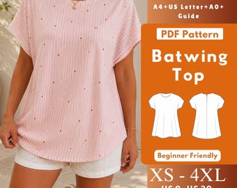 Relaxed Tunic Top PDF Sewing Pattern, Knit A-Line Dolman Top with Short Batwing Sleeves, Round Neck, Back Zipper XS-4XL
