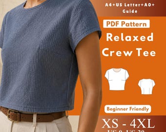 Relaxed Crew Tee Sewing Pattern PDF, Short Sleeve Woven Top
