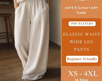 Elastic Waist Wide Leg Pants Sewing Pattern, Lounge Pants PDF, Relaxed Fit Trousers Pattern, Comfy Linen Pants, Easy Sewing XS–4XL