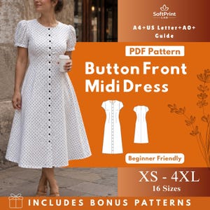 May include: A white midi dress with black polka dots and a button-front design. The dress has short, puffed sleeves and is shown on a person. The image also includes a graphic with the text "Button Front Midi Dress" and "XS - 4XL".
