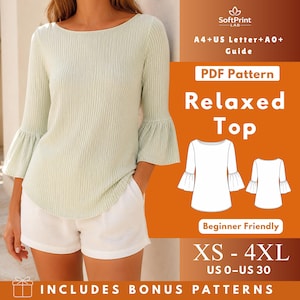 May include: A light green ribbed top with three-quarter length bell sleeves and a rounded hemline. The image includes text: SoftPrint LAB, A4+US Letter+A0+ Guide, PDF Pattern, Relaxed Top, Beginner Friendly, XS-4XL, US 0-US 30, INCLUDES BONUS PATTERNS.