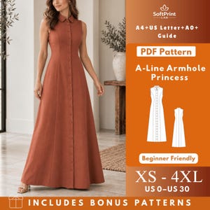 May include: A sleeveless, floor-length, rust-colored A-line dress with a collared neckline and a full-length front button placket. The image includes text: SoftPrint LAB, A4+US Letter+A0+ Guide, PDF Pattern, A-Line Armhole Princess, Beginner Friendly, XS-4XL, US 0-US 30, INCLUDES BONUS PATTERNS.