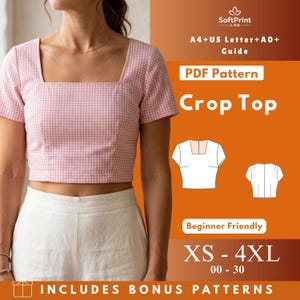 May include: A pink and white gingham crop top with a square neckline and short sleeves. The image includes text: SoftPrint LAB, A4+US Letter+A0+Guide, PDF Pattern Crop Top, Beginner Friendly, XS-4XL, 00-30, and INCLUDES BONUS PATTERNS.