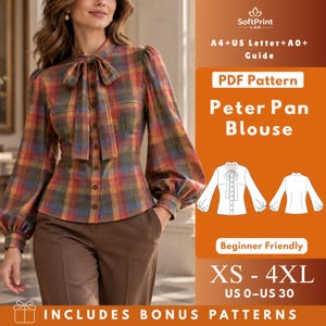 Puede incluir: Un patrón de costura en PDF para una blusa Peter Pan con una camisa de manga larga a cuadros y cuello con lazo. El gráfico incluye el texto: SoftPrint LAB, A4+US Letter+A0+ Guide, PDF Pattern, Peter Pan Blouse, Beginner Friendly, XS-4XL, US 0-US 30.