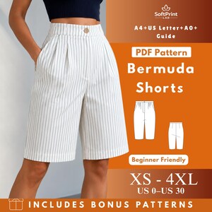Puede incluir: Pantalones cortos tipo bermuda blancos con finas rayas verticales negras, diseño de cintura alta con cierre de un solo botón y pliegues frontales. La imagen incluye el texto: SoftPrint LAB, A4+US Letter+A0+ Guide, PDF Pattern Bermuda Shorts, Beginner Friendly, XS-4XL, US 0-US 30, INCLUDES BONUS PATTERNS.