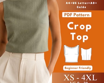 Cartamodello PDF per crop top con scollo a barca, top aderente senza maniche da donna in tessuto, modello di blusa estiva minimalista