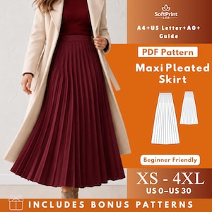 May include: A digital PDF sewing pattern for a maxi pleated skirt, featuring text that reads SoftPrint LAB, A4+US Letter+A0+ Guide, PDF Pattern, Maxi Pleated Skirt, Beginner Friendly, XS-4XL, US 0-US 30, and INCLUDES BONUS PATTERNS.