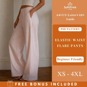 May include: Pink and white striped elastic waist flare pants. The pants are wide-legged and have pockets. The image also includes text that says "ELASTIC WAIST FLARE PANTS" and "XS - 4XL".
