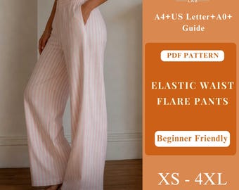 Elastic Waist Flare Pants Pattern, Wide Leg Pants Sewing Pattern PDF, Beginner Sewing Pattern, Womens Pants XS–4XL, Digital Download