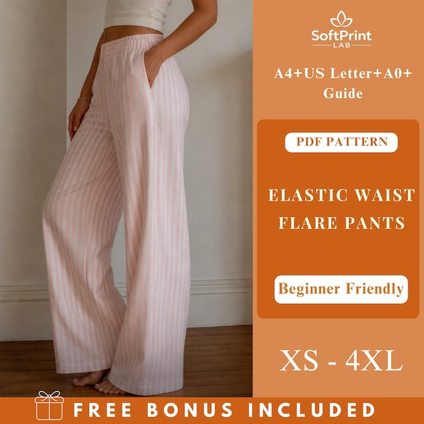 Elastic Waist Flare Pants Pattern, Wide Leg Pants Sewing Pattern PDF, Beginner Sewing Pattern, Womens Pants XS–4XL, Digital Download