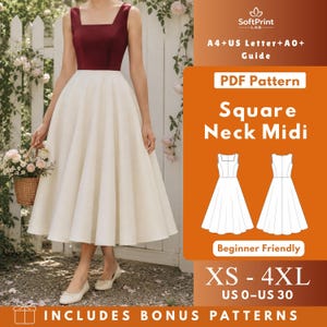 Könnte beinhalten: Ein PDF-Schnittmuster für ein Midi-Kleid mit quadratischem Ausschnitt, bordeauxfarbenem Oberteil und cremefarbenem ausgestelltem Rock. Die Grafik enthält den Text: SoftPrint LAB, A4+US Letter+A0+ Guide, PDF Pattern, Square Neck Midi, Beginner Friendly, XS-4XL, US 0-US 30.
