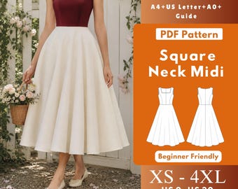 Square Neck Midi Dress Sewing Pattern PDF, Women’s Sleeveless Full Circle Dress XS-4XL US 0-30