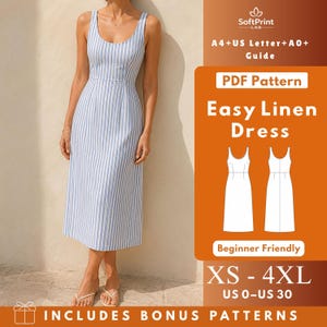 May include: A sleeveless midi dress with a blue and white vertical stripe pattern, featuring a scoop neckline and a fitted bodice. The image includes text: SoftPrint LAB, A4+US Letter+A0+Guide, PDF Pattern, Easy Linen Dress, Beginner Friendly, XS-4XL, US 0-US 30.