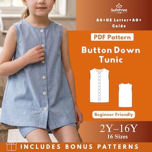 Girls Button Down Tunic Sewing Pattern PDF, Kids Sleeveless Trapeze Top Pattern, Woven Round Neck Long Shirt, Boutique Summer Top