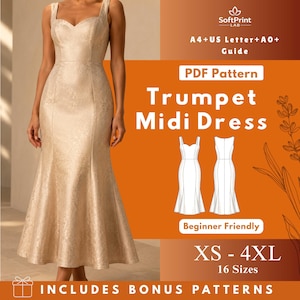 Trumpet Midi Dress Sewing Pattern PDF, Shoulder Princess Seam Sweetheart Neck Digital