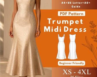 Trumpet Midi Dress Sewing Pattern PDF, Shoulder Princess Seam Sweetheart Neck Digital