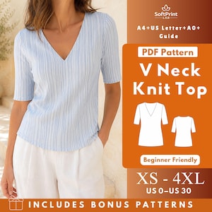 May include: A light blue and white vertical striped knit top with a V-neckline and short sleeves. The image includes text: SoftPrint LAB, A4+US Letter+A0+ Guide, PDF Pattern, V Neck Knit Top, Beginner Friendly, XS - 4XL, US 0-US 30, INCLUDES BONUS PATTERNS.