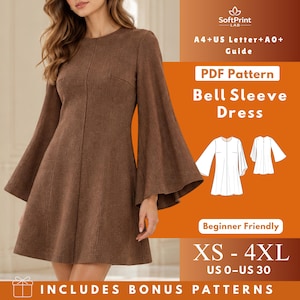 May include: A brown corduroy dress with long bell sleeves and a round neckline. The image includes text: SoftPrint LAB, A4+US Letter+A0+ Guide, PDF Pattern Bell Sleeve Dress, Beginner Friendly, XS-4XL, US 0-US 30, INCLUDES BONUS PATTERNS.