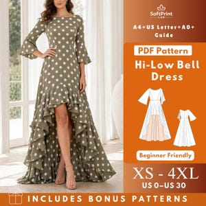 May include: A PDF sewing pattern for a hi-low bell dress with white polka dots on an olive green background. The pattern includes sizes XS-4XL, US 0-US 30, and A4, US Letter, and A0 formats. The design features bell sleeves and a ruffled hemline.