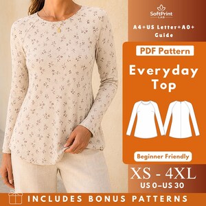 Può includere: Un top a maniche lunghe con base beige e un piccolo motivo floreale marrone. L'immagine include il testo: SoftPrint LAB, A4+US Letter+A0+ Guide, PDF Pattern, Everyday Top, Beginner Friendly, XS - 4XL, US 0-US 30, INCLUDES BONUS PATTERNS.