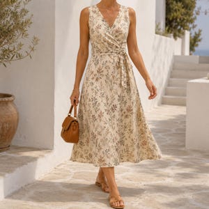 Surplice V-Neck Midi Dress PDF Sewing Pattern, Sleeveless Belted A-Line Knit Dress XS–4XL image 7