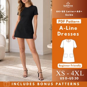 May include: A black short-sleeved A-line dress with two front pockets. The image includes text: SoftPrint LAB, A4+US Letter+A0+ Guide, PDF Pattern, A-Line Dresses, Beginner Friendly, XS-4XL, US 0-US 30, and INCLUDES BONUS PATTERNS.
