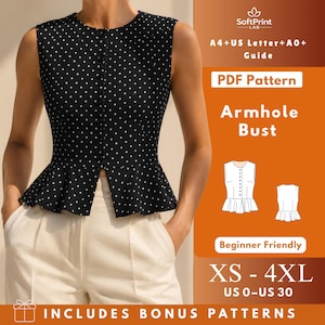 Op de afbeelding: Een zwarte mouwloze peplumtop met een wit stippenpatroon, voorzien van een knoopsluiting aan de voorzijde. De afbeelding bevat de tekst: SoftPrint LAB, A4+US Letter+A0+ Guide, PDF Pattern, Armhole Bust, Beginner Friendly, XS-4XL, US 0-US 30, INCLUDES BONUS PATTERNS.