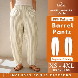 Pode incluir: Calças tipo barril com padrão de riscas verticais em branco sujo e verde claro, com cintura elástica. O texto à direita diz SoftPrint LAB, A4+US Letter+A0+ Guide, PDF Pattern, Barrel Pants, Beginner Friendly, XS-4XL, US 0-US 30.
