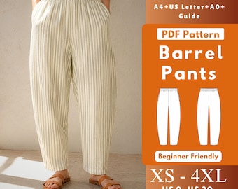 Patrón de costura en PDF para pantalones tipo barril, pantalones ajustados con cintura elástica y bolsillos, tallas para mujer XS-4XL