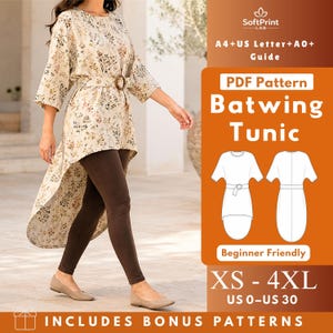 High Low Batwing Tunic PDF Sewing Pattern, Belted Kimono Sleeve Knit Dress with Buckle, Women’s Pattern XS–4XL