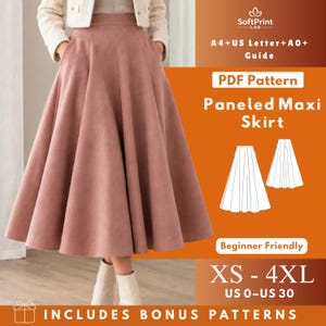 May include: A dusty rose paneled maxi skirt with a high waist and flared silhouette. The image includes text: SoftPrint LAB, A4+US Letter+A0+Guide, PDF Pattern, Paneled Maxi Skirt, Beginner Friendly, XS-4XL, US 0-US 30, INCLUDES BONUS PATTERNS.