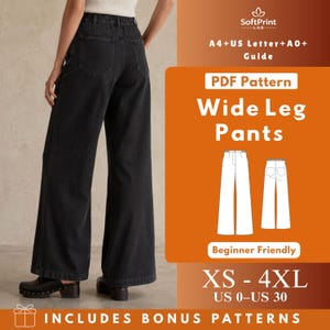 May include: A digital PDF sewing pattern for wide leg trousers by SoftPrint LAB. The graphic includes text: A4+US Letter+A0+ Guide, PDF Pattern, Wide Leg Pants, Beginner Friendly, XS-4XL, US 0-US 30, and INCLUDES BONUS PATTERNS. Features line art illustrations.