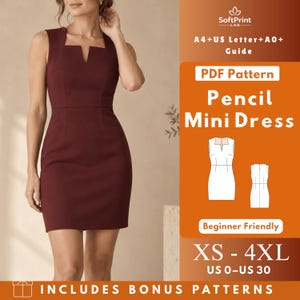 Peut inclure: Une robe fourreau courte sans manches de couleur bordeaux avec une encolure fendue. L'image contient le texte : SoftPrint LAB, A4+US Letter+A0+ Guide, PDF Pattern, Pencil Mini Dress, Beginner Friendly, XS-4XL, US 0-US 30, INCLUDES BONUS PATTERNS.