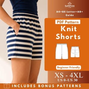 May include: A pair of navy blue and white horizontal striped knit shorts with an elastic waistband and side pockets. The image includes text: SoftPrint LAB, A4+US Letter+A0+ Guide, PDF Pattern Knit Shorts, Beginner Friendly, XS-4XL, US 0-US 30.
