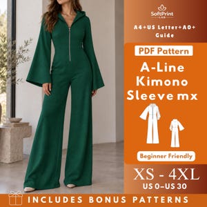 May include: A dark green hooded jumpsuit with a front zip and wide kimono sleeves. The image includes text: SoftPrint LAB, A4+US Letter+A0+ Guide, PDF Pattern, A-Line Kimono Sleeve mx, Beginner Friendly, XS - 4XL, US 0-US 30, INCLUDES BONUS PATTERNS.
