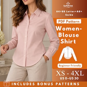 Peut inclure: Une chemise à manches longues rose clair boutonnée avec un col et un ourlet arrondi. L'image contient le texte : SoftPrint LAB, A4+US Letter+A0+ Guide, PDF Pattern, Women-Blouse Shirt, Beginner Friendly, XS - 4XL, US 0-US 30, INCLUDES BONUS PATTERNS.