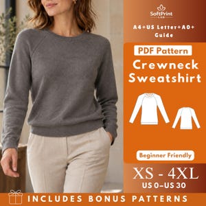 Puede incluir: Una sudadera gris carbón de cuello redondo con mangas raglán combinada con pantalones beige. La superposición gráfica muestra el texto PDF Pattern Crewneck Sweatshirt, A4+US Letter+A0+ Guide, Beginner Friendly, XS-4XL, US 0-US 30 e Includes Bonus Patterns.