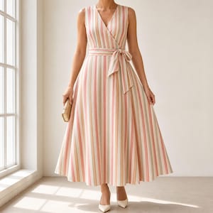 Surplice V-Neck Midi Dress PDF Sewing Pattern, Sleeveless Full Skirt Dress with Pointed Sash XS–4XL Bild 8